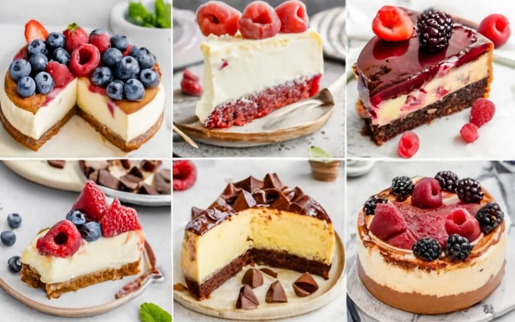 Collage of Philadelphia cheesecake variations including fruit-topped, chocolate swirl, and no-bake cheesecakes