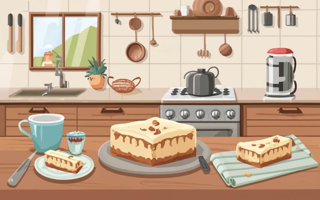 Cozy kitchen scene with a freshly baked Philadelphia cheesecake, inviting home baking