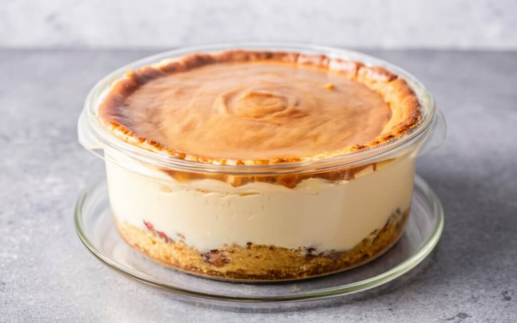 Biscoff Cheesecake stored in an airtight container for freshness, demonstrating proper storage technique.