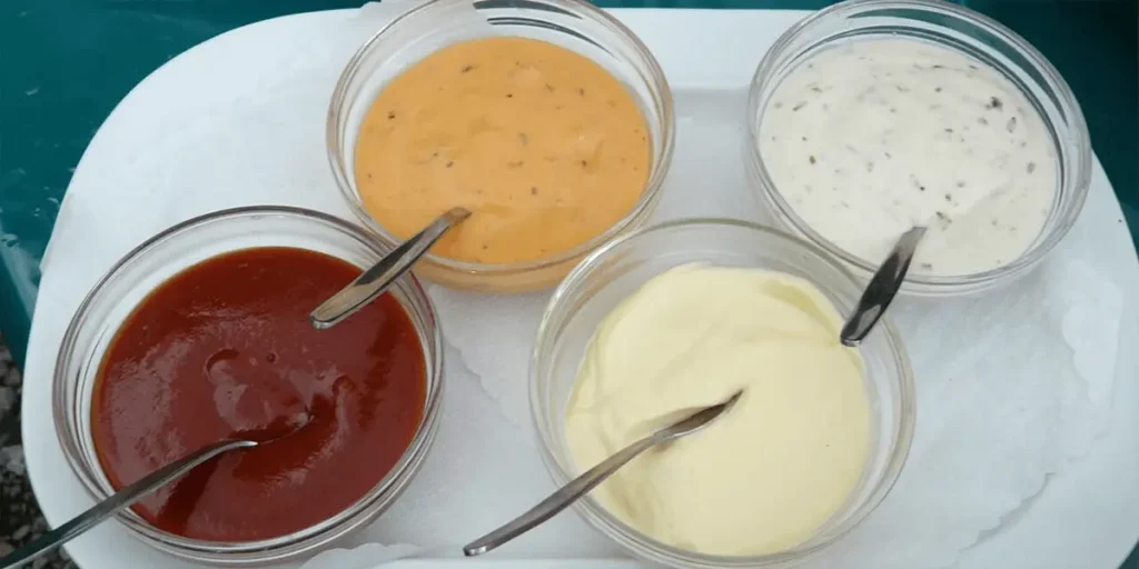 Assortment of colorful sauces in bowls